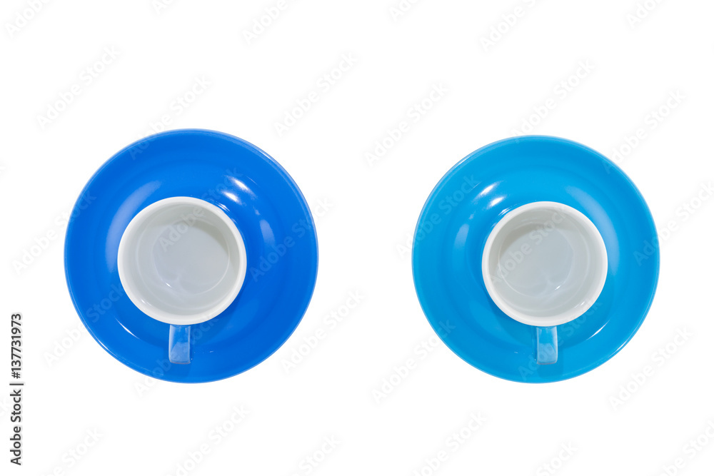 Empty blue coffee cup on white background.