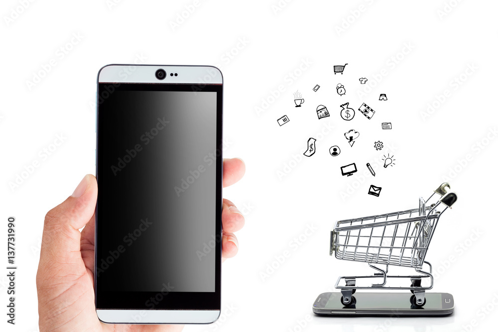 Hand male holding Smartphone and shopping cart isolated on white background,Online shopping concept.