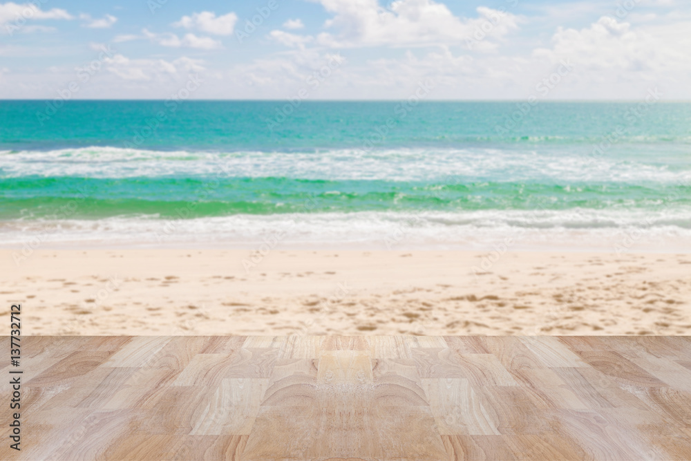 Wood table floor on beach , tropical sea scenery background.