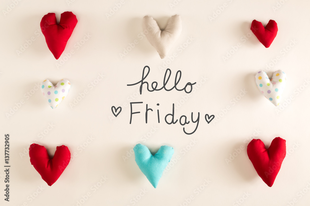 Hello Friday message with blue heart cushions