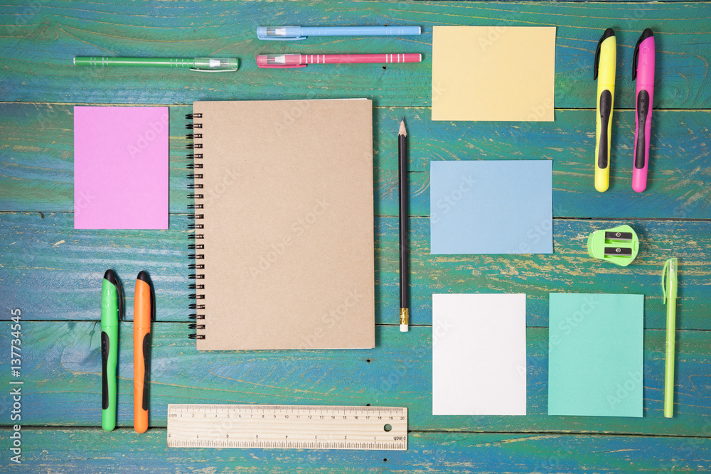 School office supplies on table desk.