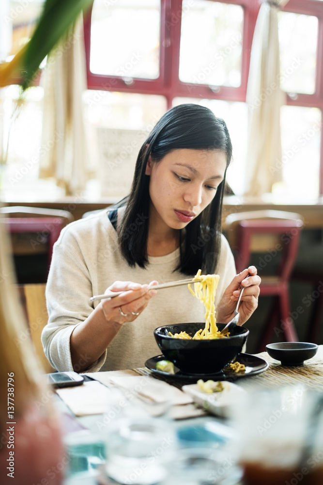 Woman Eating Tasty Noodle Restaurant Concept