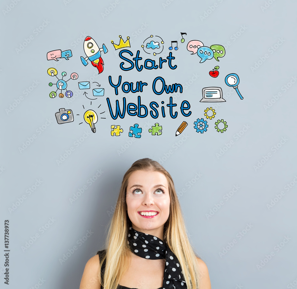 Start Your Own Website concept with happy young woman