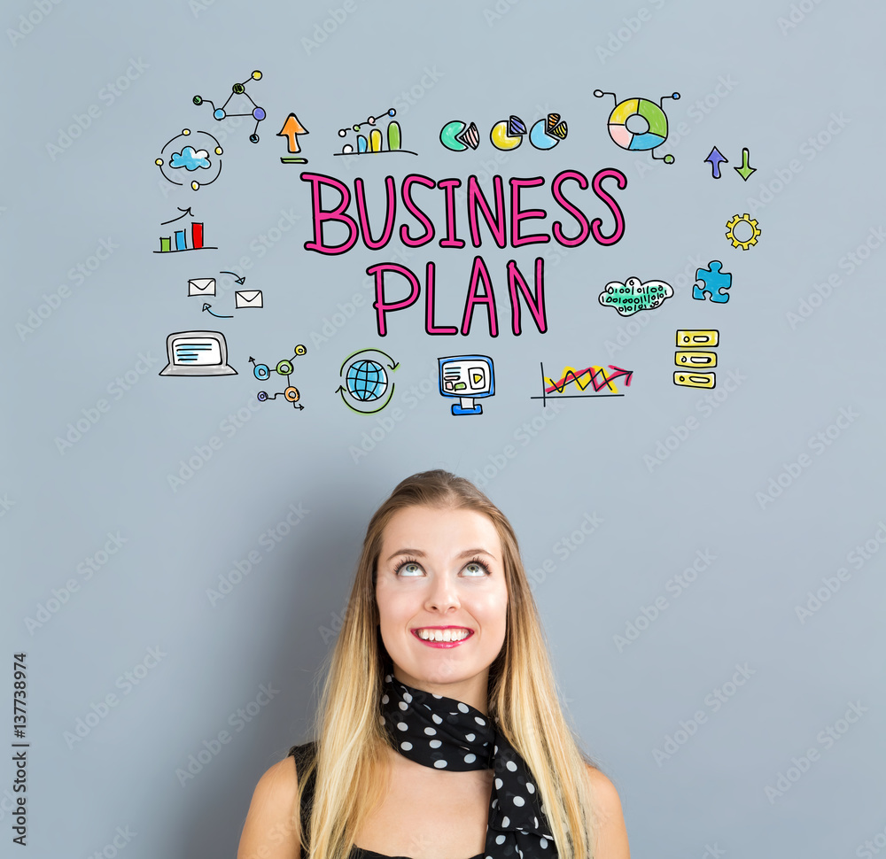 Business Plan concept with happy young woman