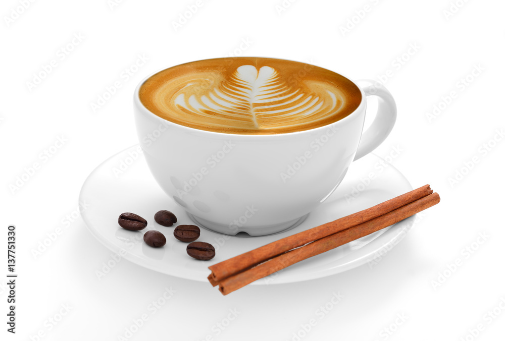 Cup of coffee latte and coffee beans isolated on white background