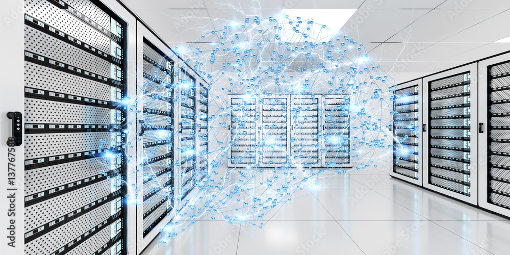 Abstract network on server room data center 3D rendering