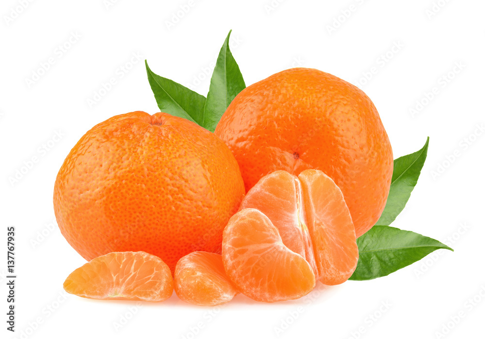 Tangerines with leaves and slices on white background