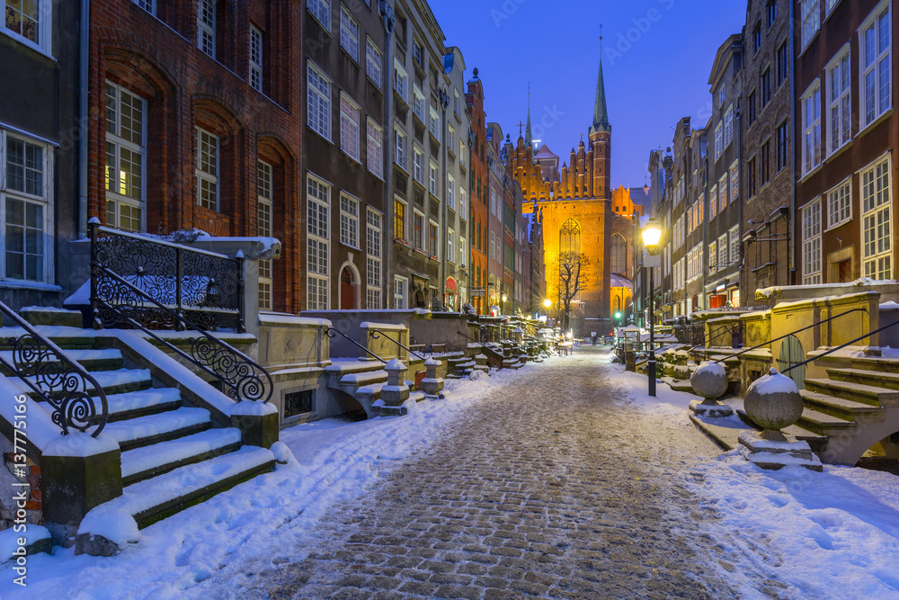 Mariacka street in Gdansk at snowy winter, Poland