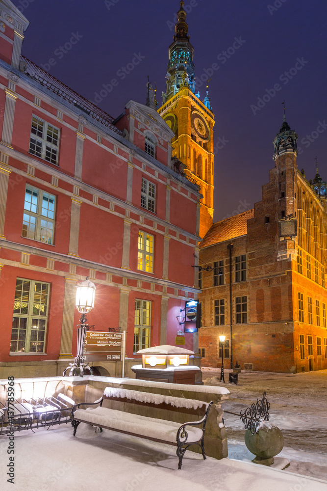 Long lane in the old town of Gdansk in snowy winter, Poland