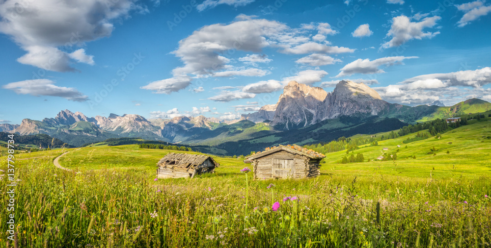 Alpe di Siusi in the Dolomites at sunset, South Tyrol, Italy