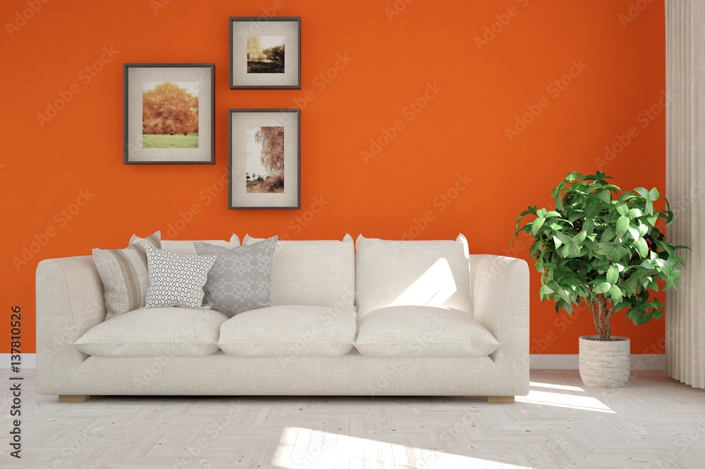 Orange room with sofa. Scandinavian interior design