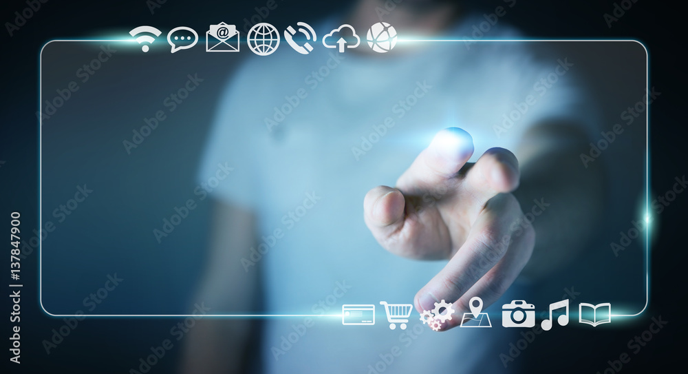 Businessman surfing on internet with digital tactile interface 3D rendering