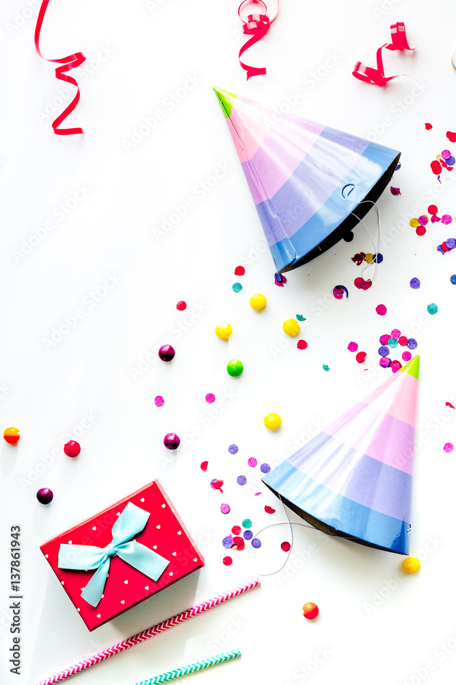 concept birthday party top view on white background mock up