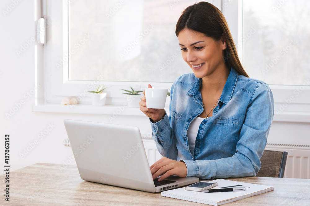 Beautiful girl working on computer at home