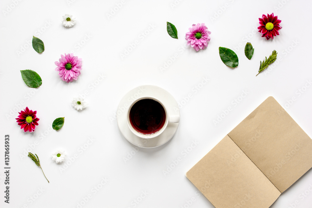 Froral flat lay with cup and notepaper top view mockup