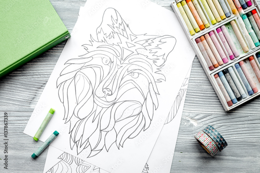 coloring picture for adults on wooden background top view