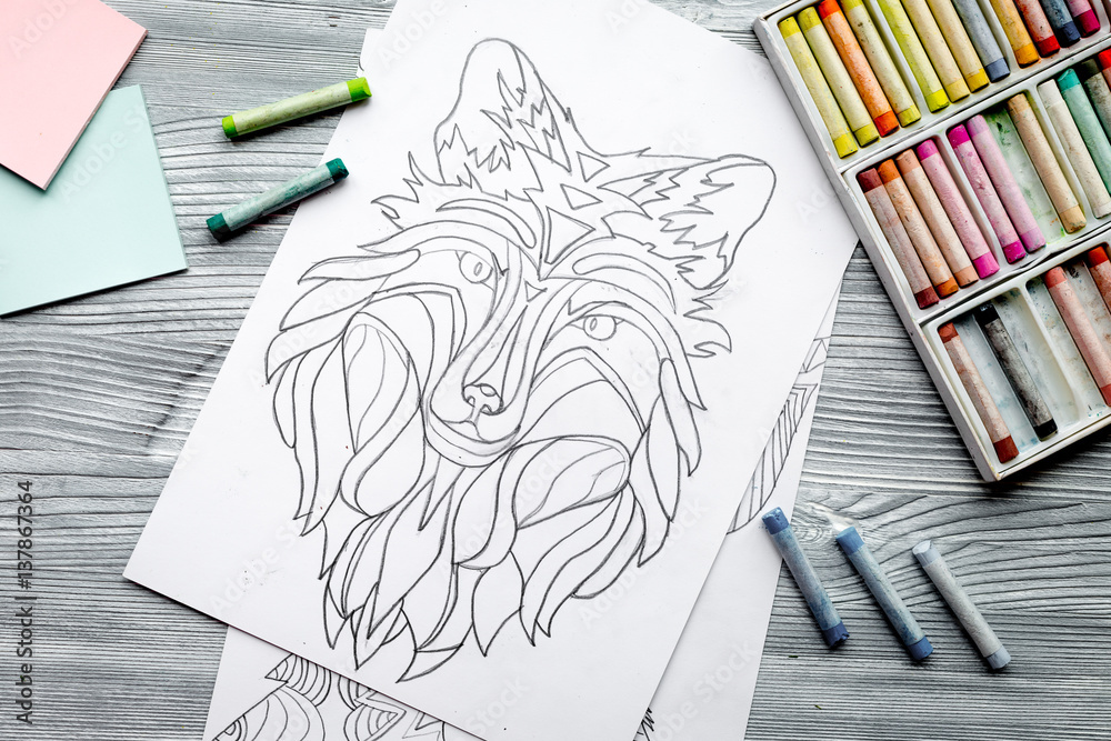 coloring picture for adults on wooden background top view