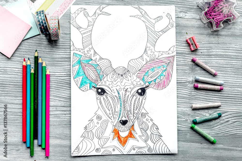 coloring picture for adults on wooden background top view