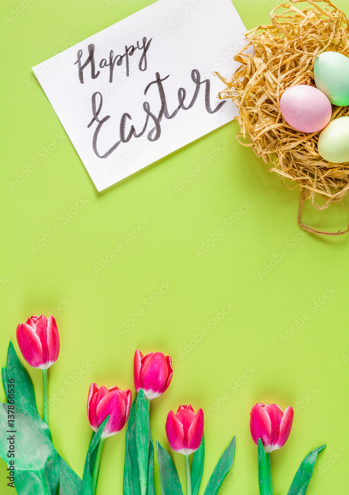 Easter concept on yellow background top view mockup