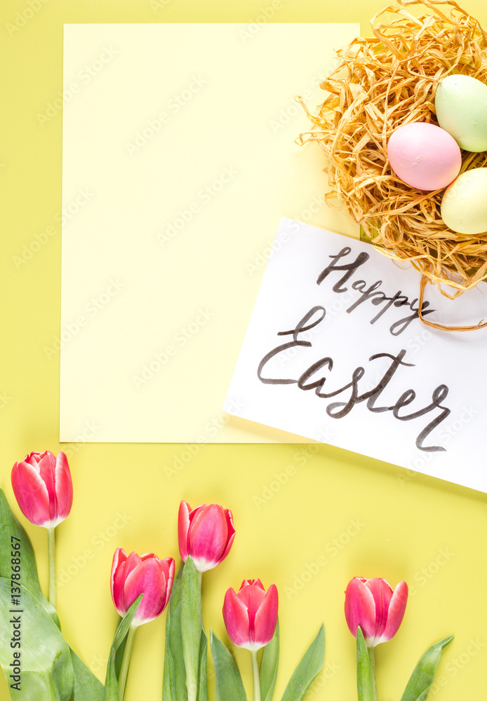 Easter concept on yellow background top view mockup