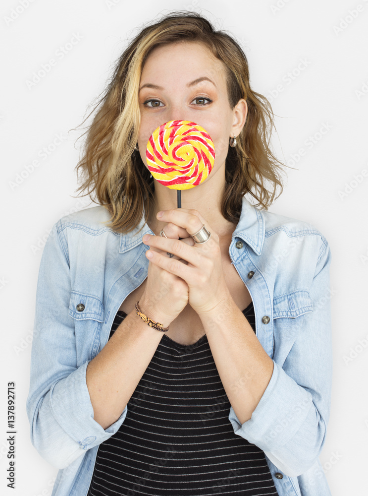 Caucasian Lady Lollipop Smile Concept