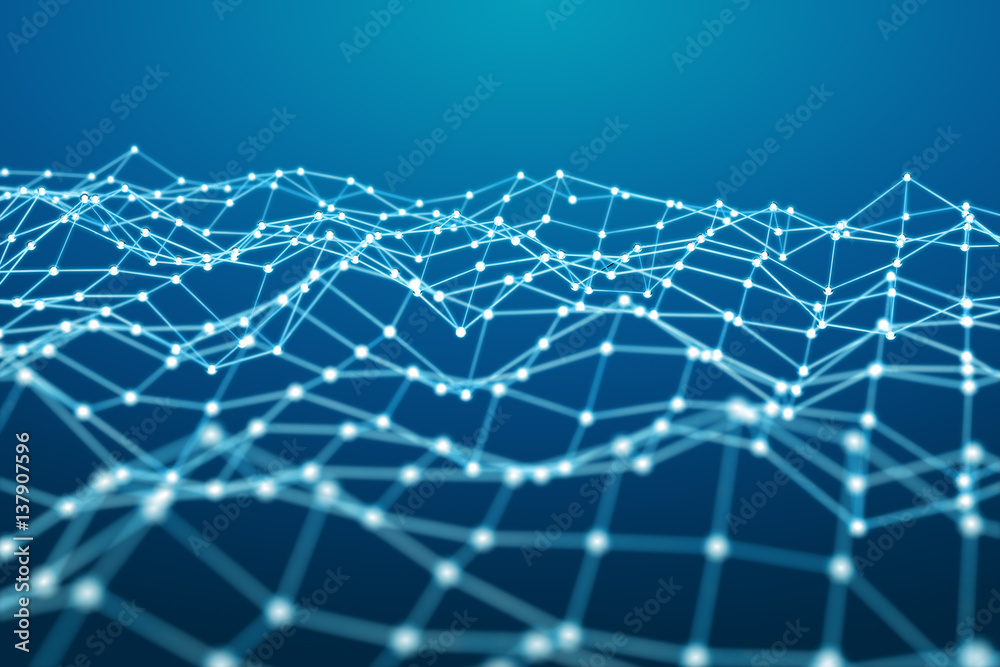 Floating white and blue dot network 3D rendering