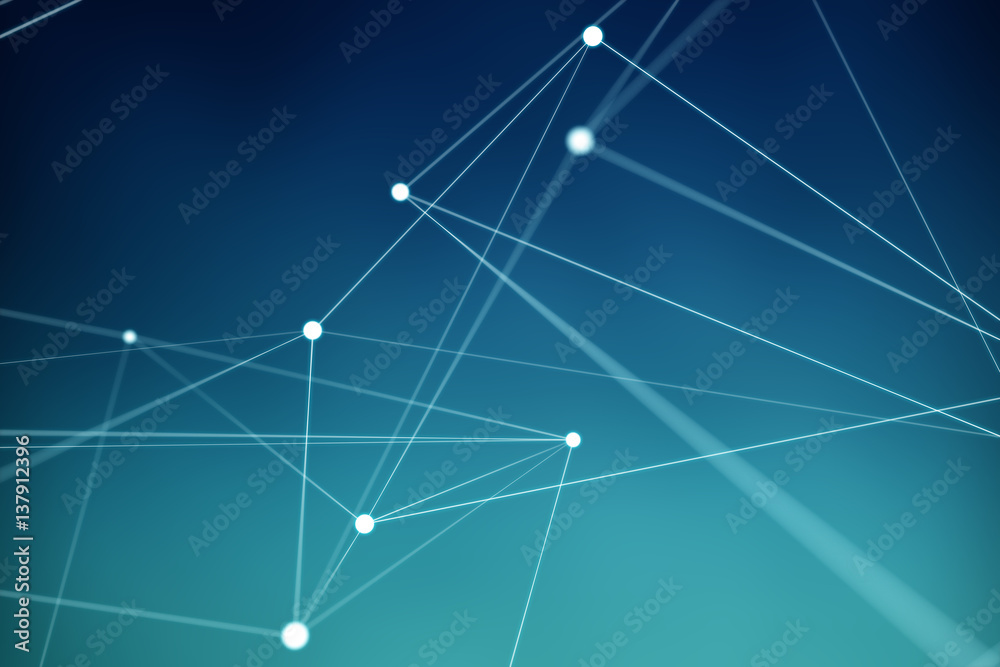 Floating white and blue glowing dot network 3D rendering