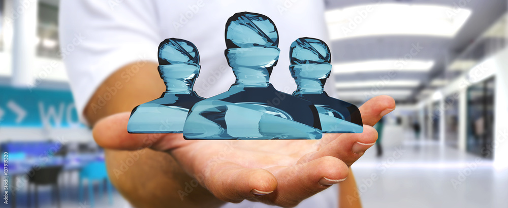 Businessman holding shiny glass avatar group 3D rendering