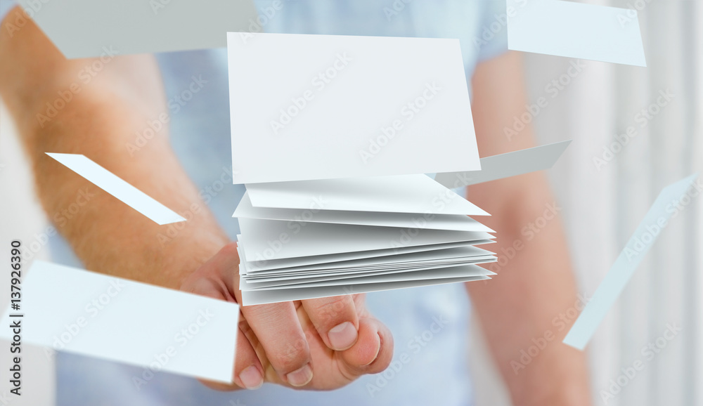 Businessman holding floating business card 3D rendering