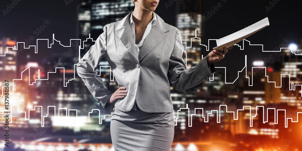 Woman architect or engineer presenting construction concept and 