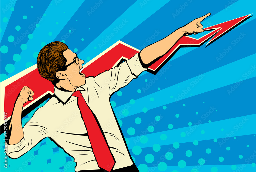 Business success businessman showing the top of the chart and screaming with joy. Retro style pop ar