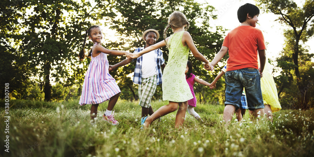 Child Friends Boys Girls Playful Nature Cheerful Concept