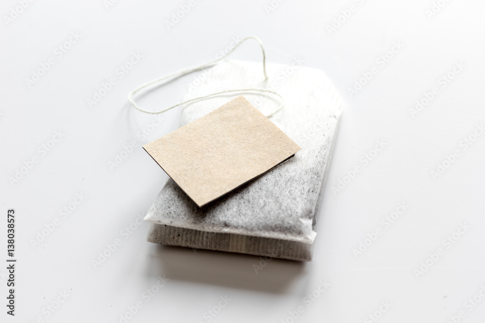 Close up lable of teabag on white background mock-up