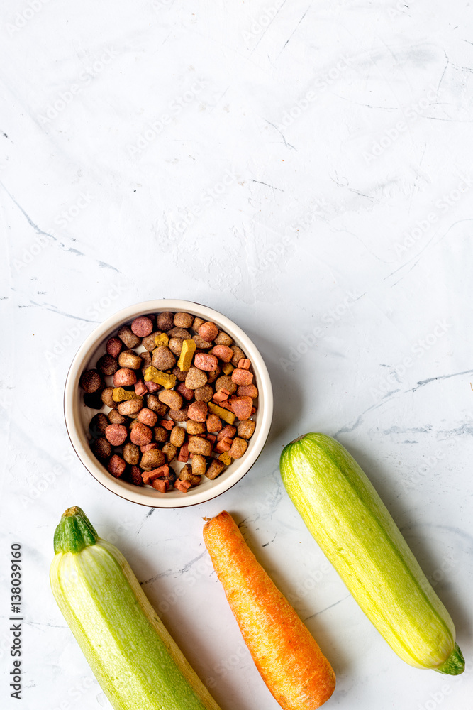 healthy dogfood set with vegetables on white table top view mock-up