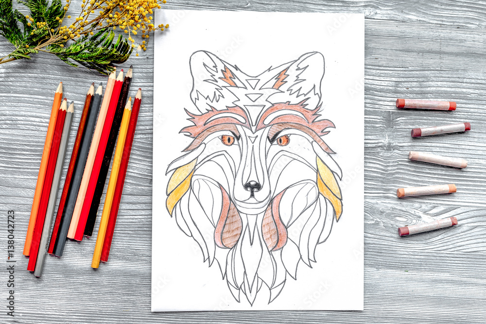 coloring picture for adults on wooden background top view