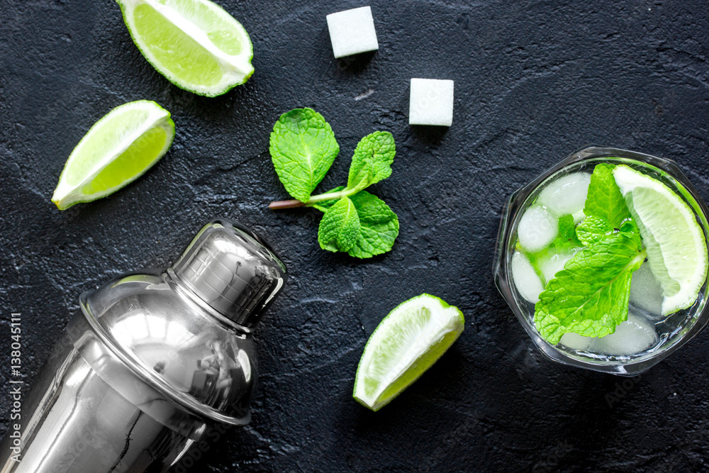 making mojito on dark background top view