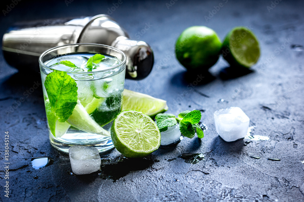 mojito in glass on dark background close up