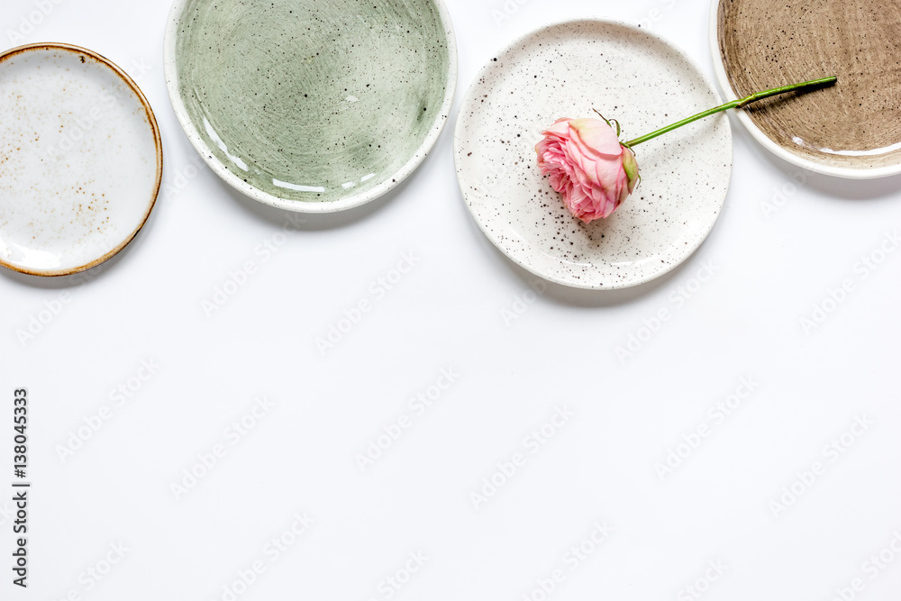 ceramic tableware top view on white background mock up