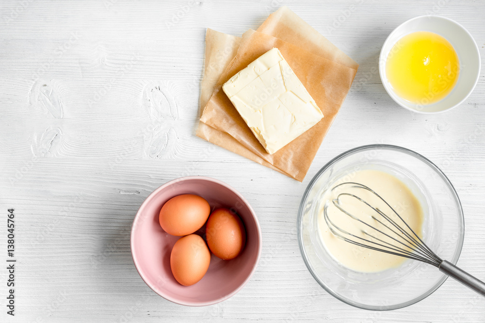 cooking pancake on white background top view ingredients for making