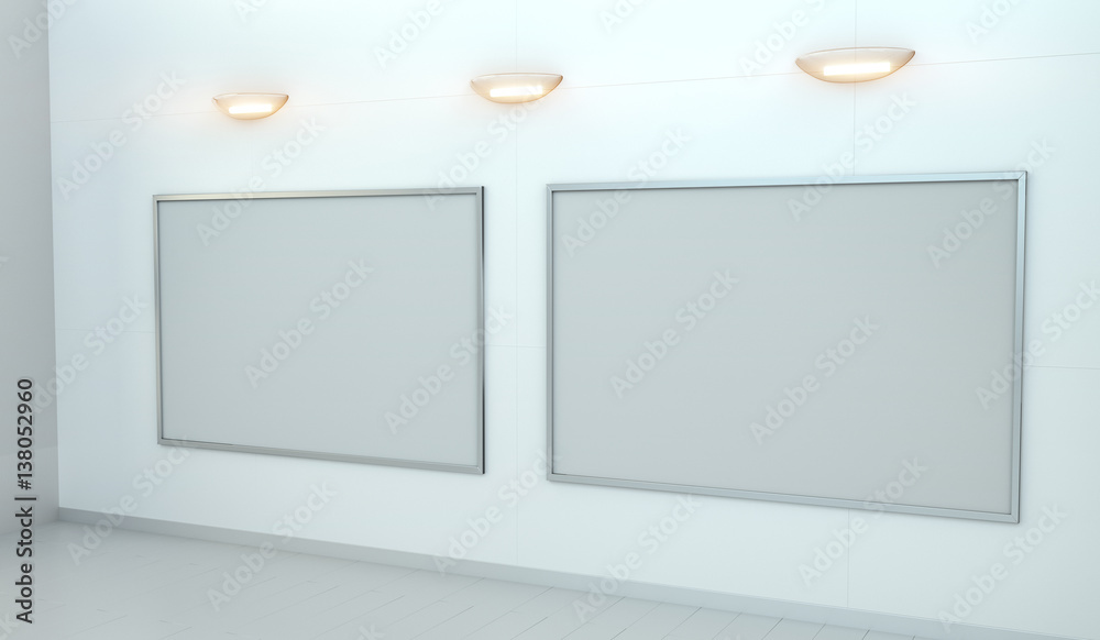 Two white blanks canvas on a wall 3D rendering