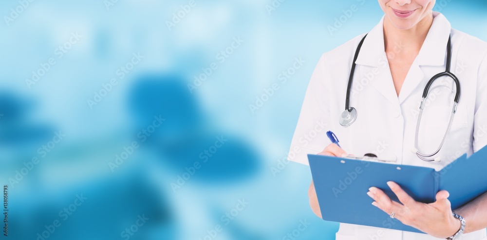 Composite image of doctor writing on clipboard behind bed