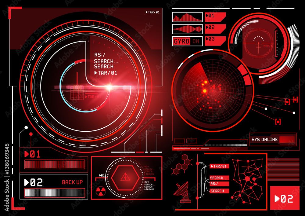具有雷达和跟踪功能的未来HUD显示用户界面设计。矢量插图