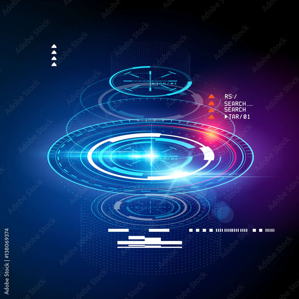 具有未来数字接口元素的技术HUD显示横截面。矢量插图