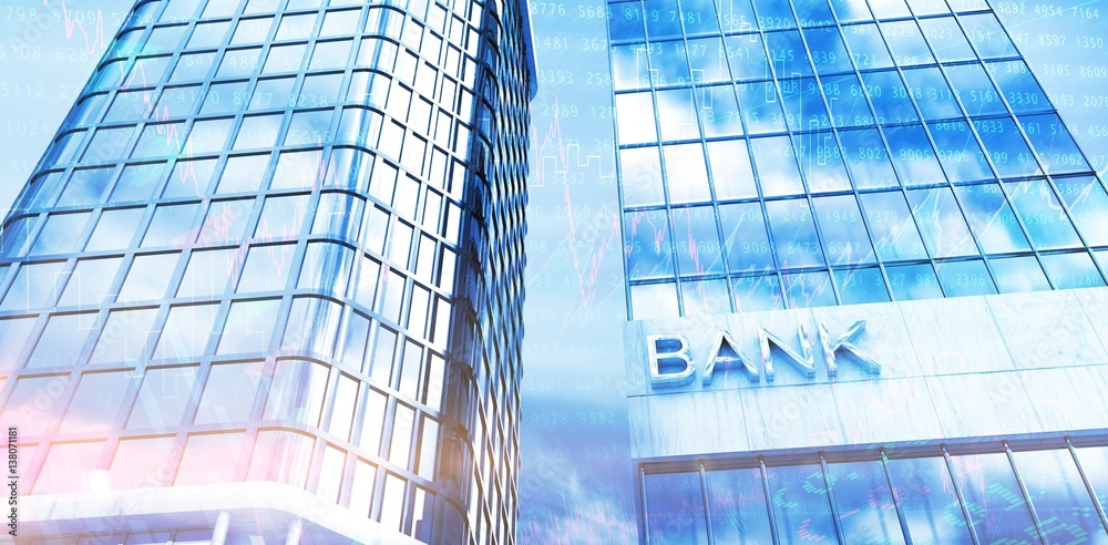 Composite image of low angle view of bank building