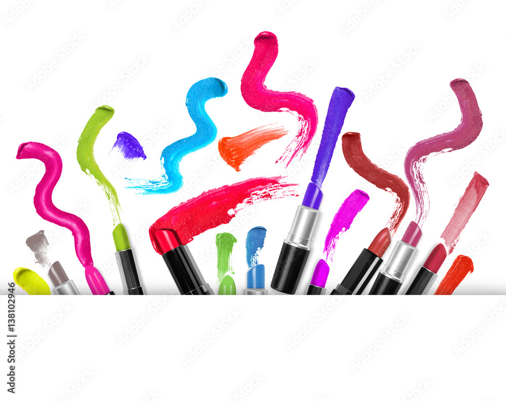 Set of colorful lipsticks with trace on white background