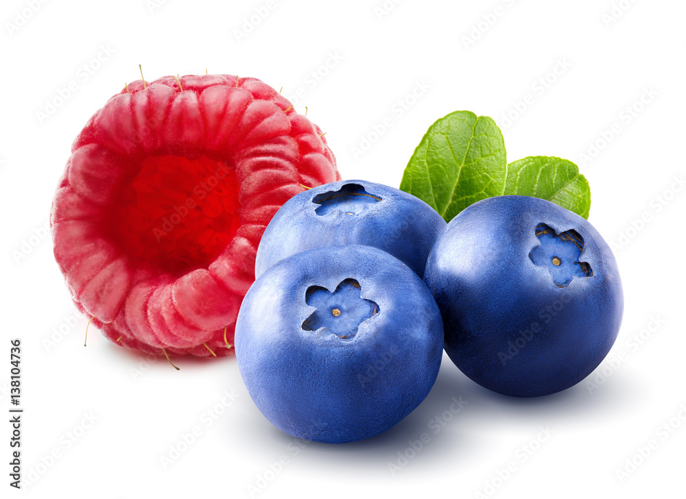 Raspberry with blueberry. Wild berries isolated with leaves on white background. Clipping path. Clos