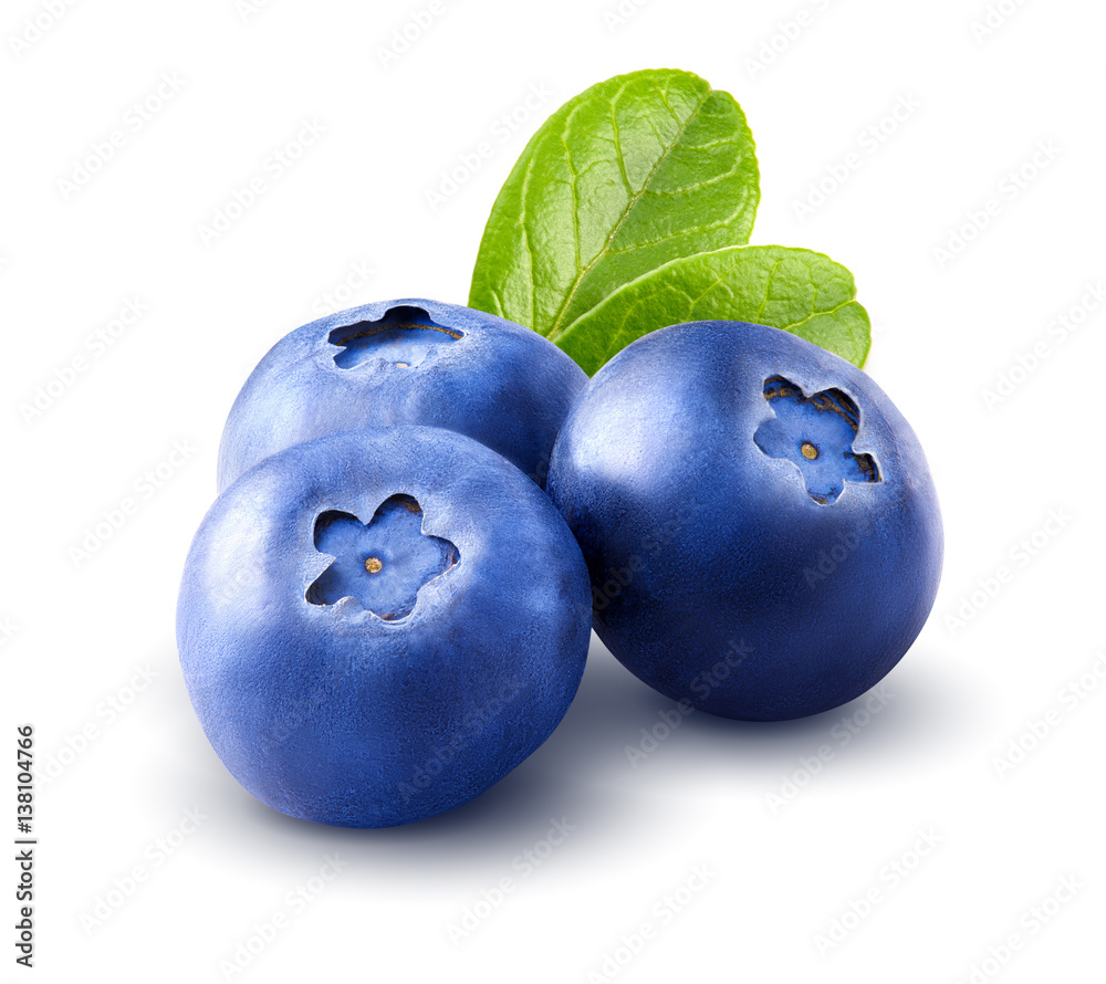 Three blueberries. Berry with leaves isolated on white background. Clipping path. Close up. Macro.