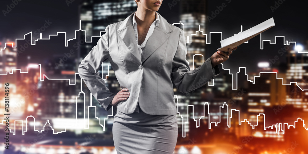 Woman architect or engineer presenting construction concept and 