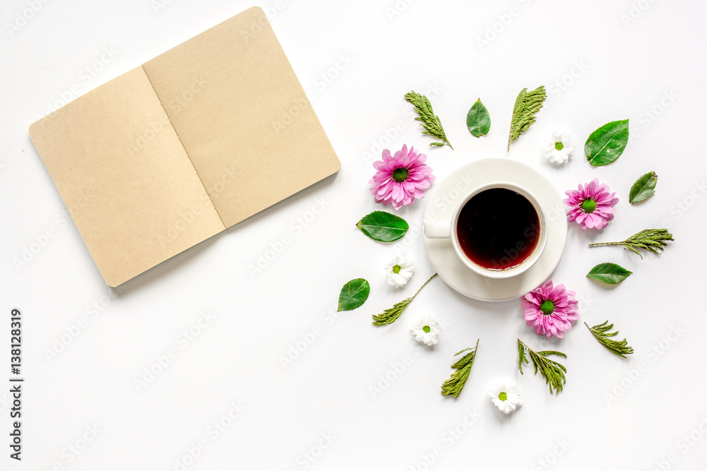 Froral flat lay with cup and notepaper top view mockup