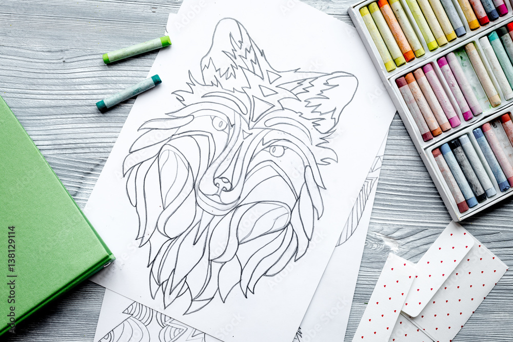 coloring picture for adults on wooden background top view